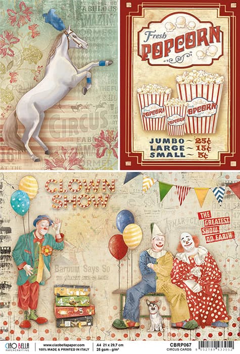 Circus Cards Ciao Bella Decoupage A4 Rice Paper for Crafting, Scrapbooking, Journaling, Mixed Media, Cardmaking