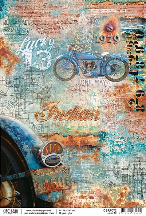 Rust and Blue Motorcycle Decoupage Rice Paper for Crafting, Scrapbooking, Journaling, Mixed Media, Cardmaking