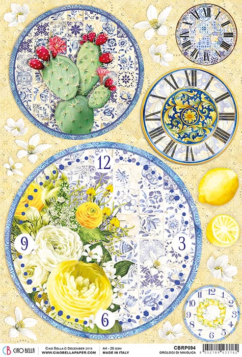 Lemons and Yellow Roses on Clocks Decoupage Rice Paper for Crafting, Scrapbooking, Journaling, Mixed Media, Cardmaking