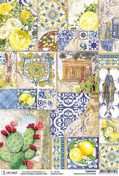 Lemons, Cactus and Blue White Ceramic Tile  Decoupage Rice Paper for Crafting, Scrapbooking, Journaling, Mixed Media, Cardmaking