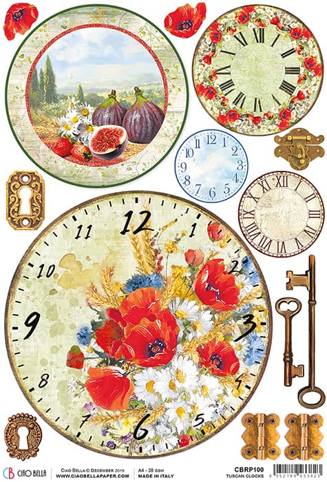 Tuscan Clocks Pomegranate, Keys and Red Flowers Decoupage Rice Paper for Crafting, Scrapbooking, Journaling, Mixed Media, Cardmaking