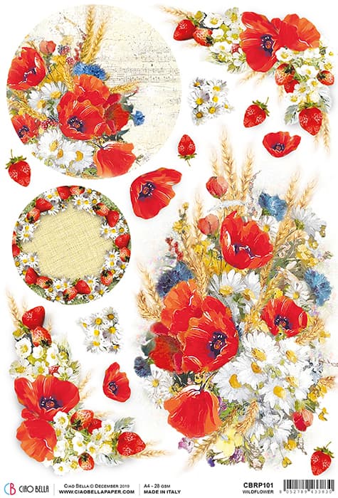Tuscan Red Flowers and Strawberries Decoupage Rice Paper for Crafting, Scrapbooking, Journaling, Mixed Media, Cardmaking