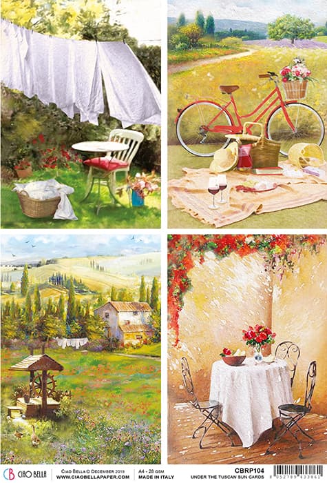 Tuscan Cards with Bicycle and Farm Meadow Decoupage Rice Paper for Crafting, Scrapbooking, Journaling, Mixed Media, Cardmaking