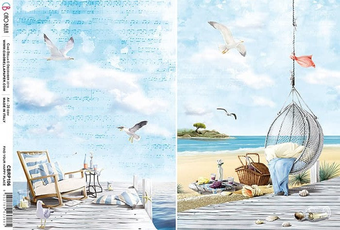 Ocean Dock with Seagulls and Hammock Decoupage Rice Paper for Crafting, Scrapbooking, Journaling, Mixed Media, Cardmaking