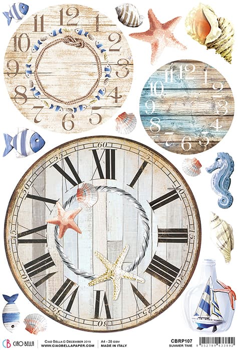 Ocean Themed Clocks Fish Sailboat Shells  Decoupage Rice Paper for Crafting, Scrapbooking, Journaling, Mixed Media, Cardmaking