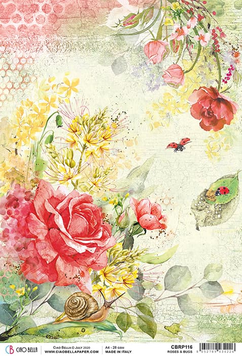Red Roses and Ladybug Decoupage Rice Paper for Crafting, Scrapbooking, Journaling, Mixed Media, Cardmaking