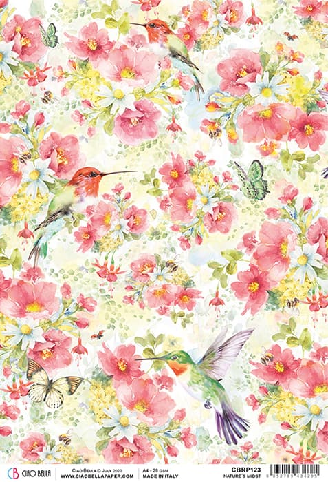 Birds and Hummingbird Pink Flowers Decoupage Rice Paper for Crafting, Scrapbooking, Journaling, Mixed Media, Cardmaking