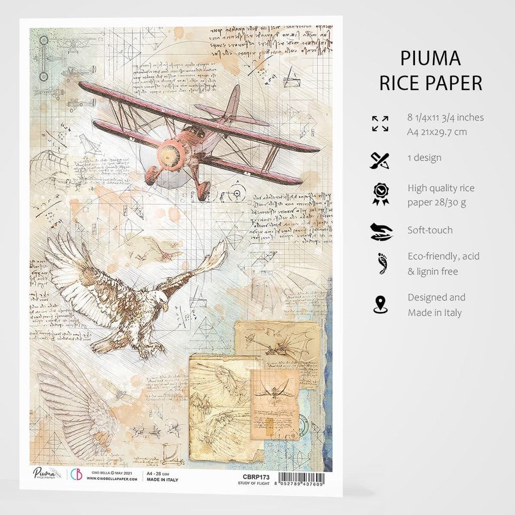 Shop vintage Study of Flight Rice Paper with airplane and eagle with script for Crafting, Scrapbooking, Mixed Media