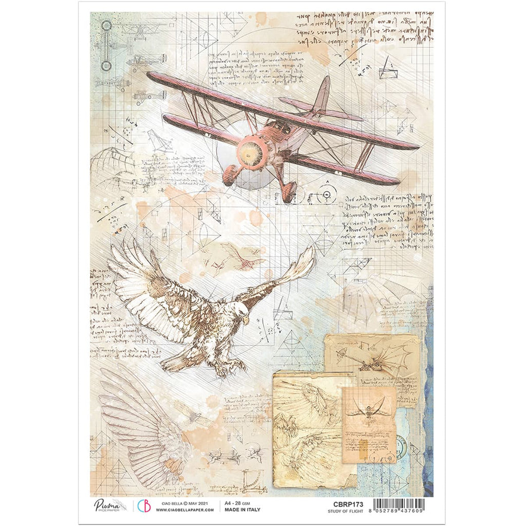 Shop vintage Study of Flight Rice Paper with airplane and eagle with script for Crafting, Scrapbooking, Mixed Media