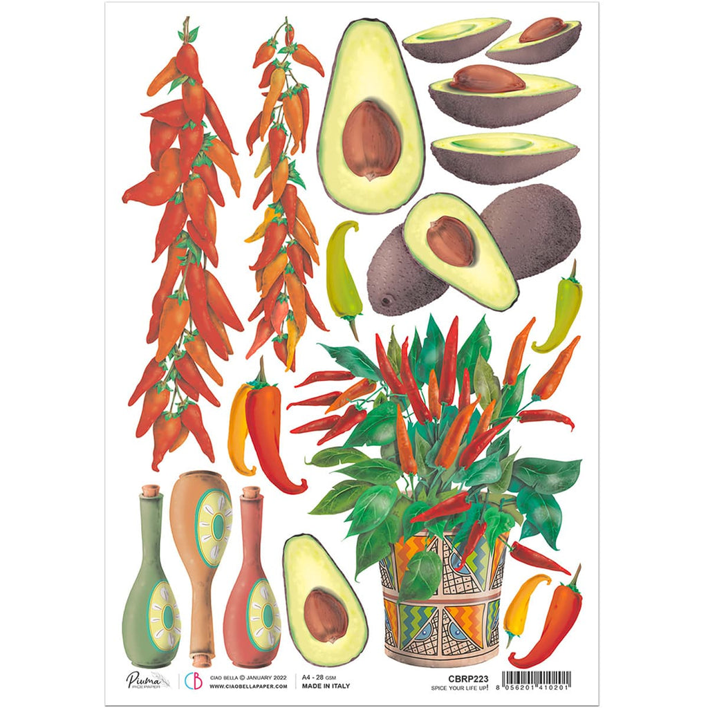 Colorful Avocado and Chile Peppers Southwest Spice Your Life Up Ciao Bella Rice Paper are of Exquisite Quality for Decoupage crafts. Thin yet durable. Imported from Europe. Beautiful colors, great patterns