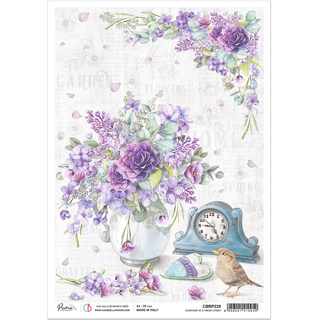 Beautiful Ciao Bella A4  Every Day a Fresh Start Rice Paper are of Exquisite Quality for Decoupage crafts.  Purple flowers, clock and bird