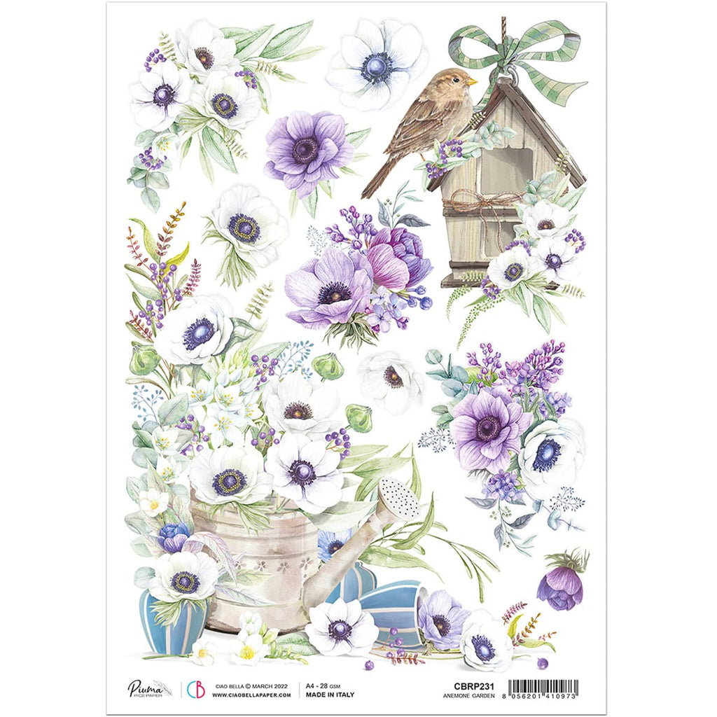Beautiful Ciao Bella Anemone Garden A4 Rice Paper are of Exquisite Quality for Decoupage crafts. Purple and white flowers, sparrow bird, birdhouse.