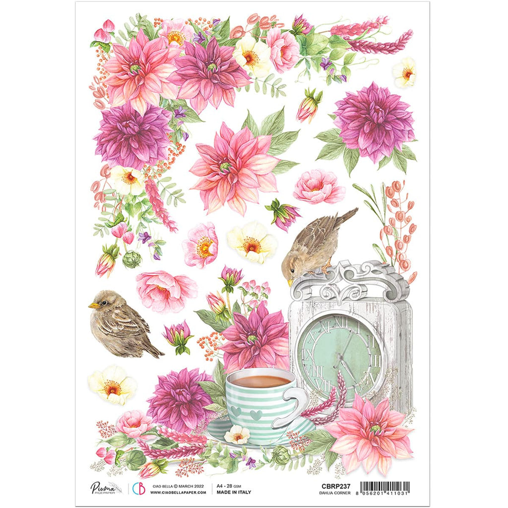 Beautiful Ciao Bella pink floral Dahlia Corner A4 Rice Paper are of Exquisite Quality for Decoupage crafts. Thin yet durable.  With birds, sparrows, coffee cup, clock