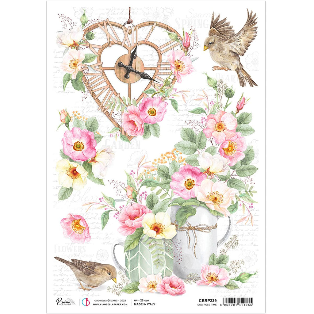 Beautiful Ciao Bella Dog Rose Time A4 Rice Paper are of Exquisite Quality for Decoupage crafts. Has birds, sparrows, pink flowers, vase, heart clock.
