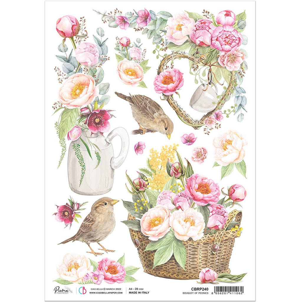 Beautiful Ciao Bella Bouquet of Peonies A4 Rice Paper are of Exquisite Quality for Decoupage crafts. With Birds, Sparrows, Flower basket, Peonies