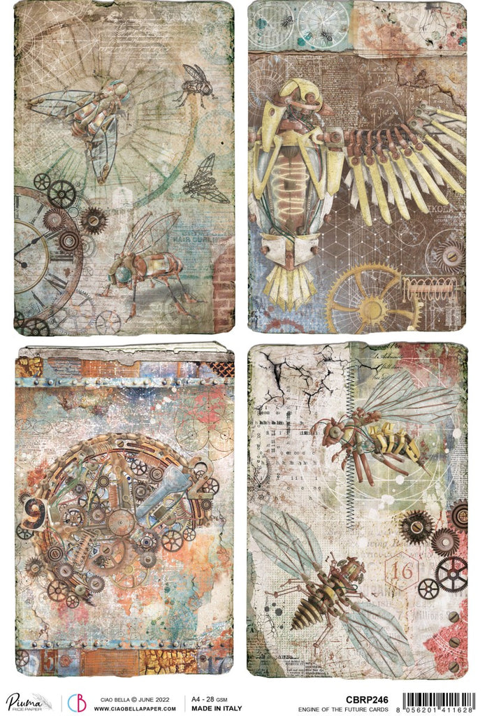 Mechanical bees Engine of the Future Cards Rice paper from Ciao Bella. Exquisite Quality for Decoupage crafts. Thin yet durable. Imported from Europe