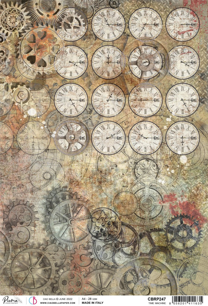 Gears and Clocks Time Machine Rice paper from Ciao Bella. Exquisite Quality for Decoupage crafts. Thin yet durable. Imported from Europe