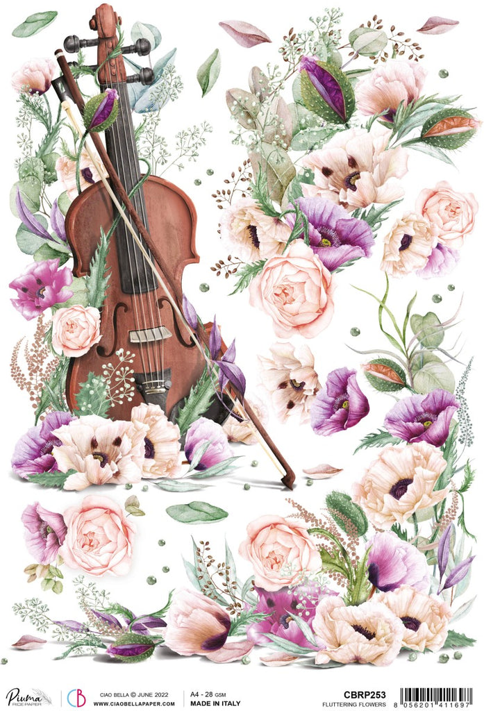 Beautiful Ciao Bella Fluttering purple and peach Flowers with Violin A4 Rice Paper are of Exquisite Quality for Decoupage crafts. Thin yet durable. Imported from Europe