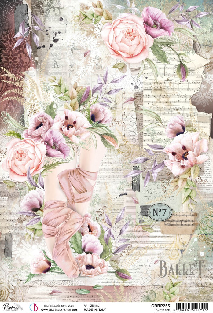 Beautiful Ciao Bella On Tiptoe ballerina and flowers A4 Rice Paper are of Exquisite Quality for Decoupage crafts. Thin yet durable. Imported from Europe