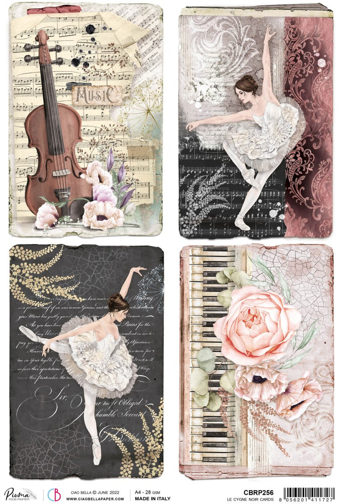 Beautiful Ciao Bella Le Cygne Noir Cards ballerina and flowers A4 Rice Paper are of Exquisite Quality for Decoupage crafts. Thin yet durable. Imported from Europe.