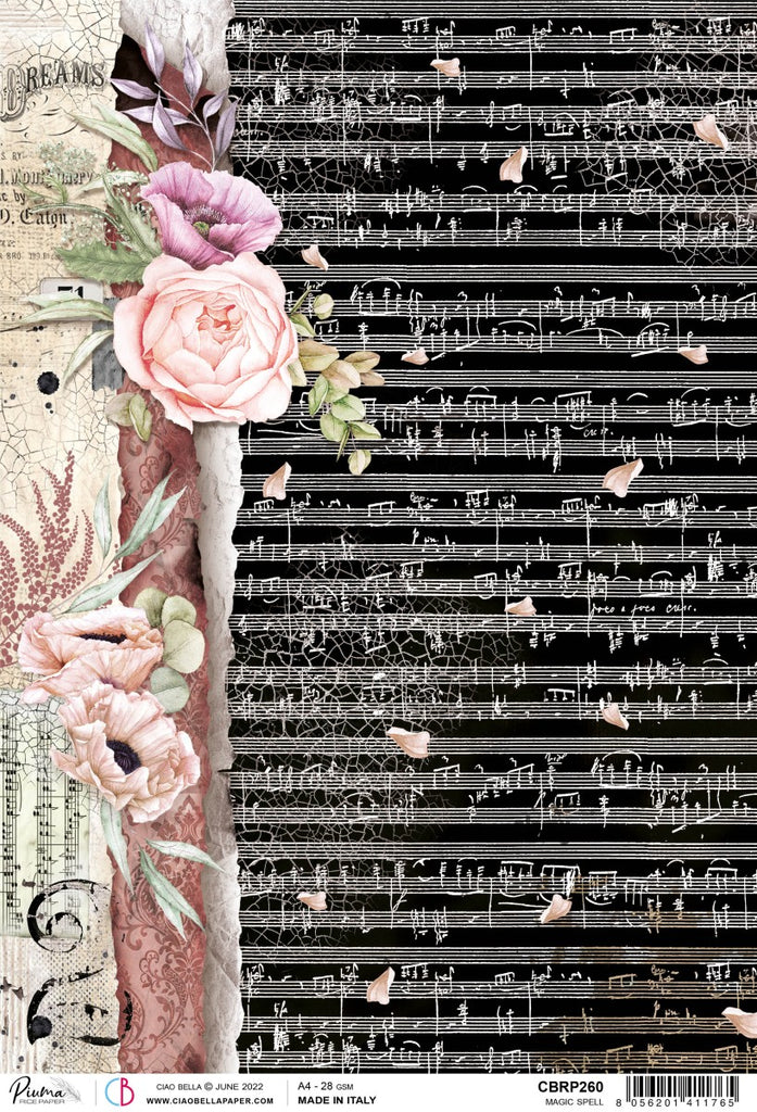 Beautiful Ciao Bella Magic Spell roses and sheet music A4 Rice Paper are of Exquisite Quality for Decoupage crafts. Thin yet durable. Imported from Europe