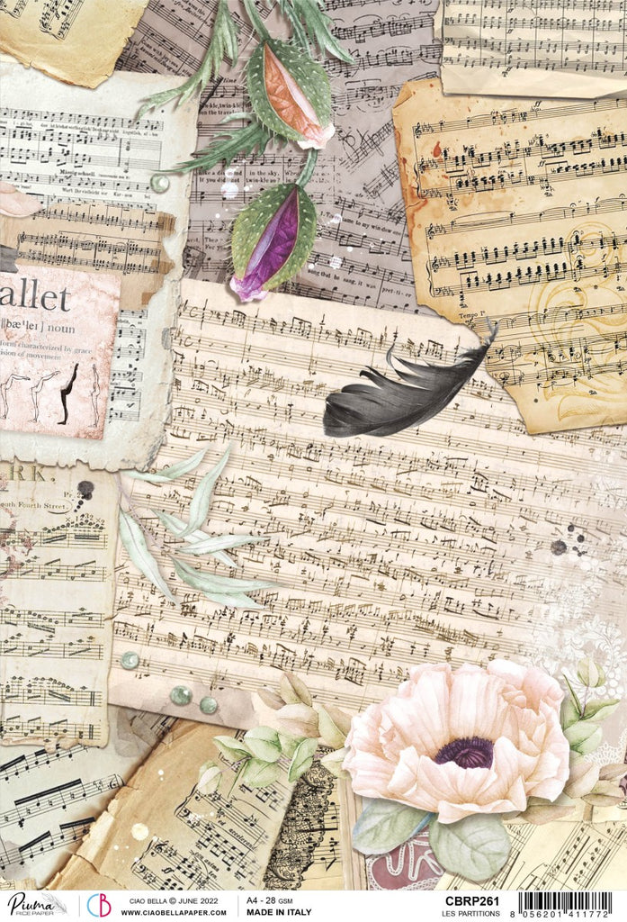 Beautiful Ciao Bella Les Partitions sheet music, feathers and flowers A4 Rice Paper are of Exquisite Quality for Decoupage crafts. Thin yet durable. Imported from Europe. Beautiful colors