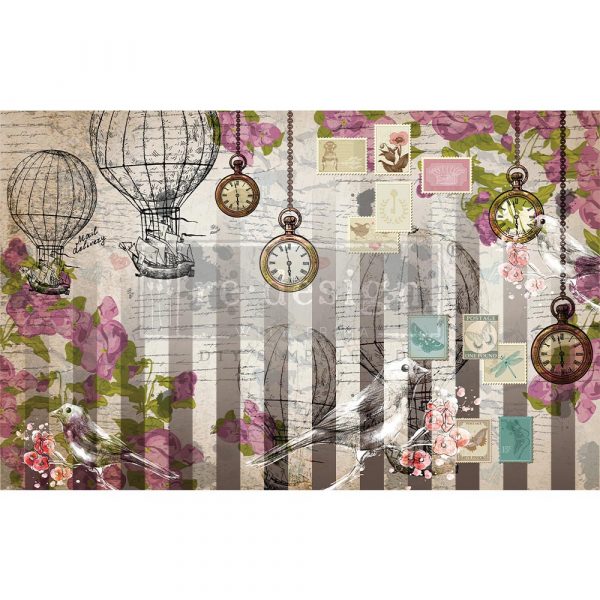 Grey stripes with vintage balloons and pink flowers and birds, clocks-ReDesign with Prima Décor Tissue Paper for Decoupage