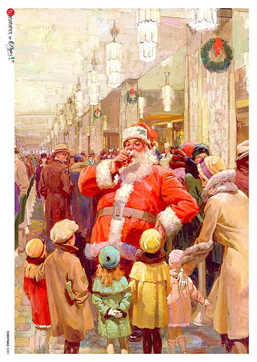 Santa in a mall drinking in front  of little children European Paper Designs Italy Rice Paper is of exquisite Quality for Decoupage art
