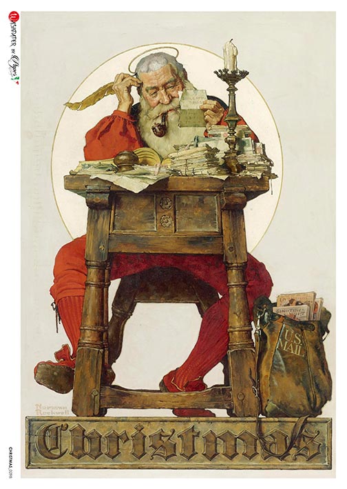 Santa reading mail at desk in red underwear European Paper Designs Italy Rice Paper is of exquisite Quality for Decoupage art
