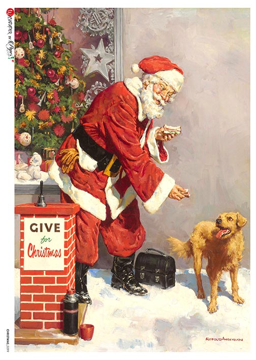 Santa feeding sandwich to yellow dog European Paper Designs Italy Rice Paper is of exquisite Quality for Decoupage art