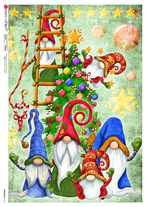 Colorful gnomes decorating a Christmas tree European Paper Designs Italy Rice Paper is of exquisite Quality for Decoupage art