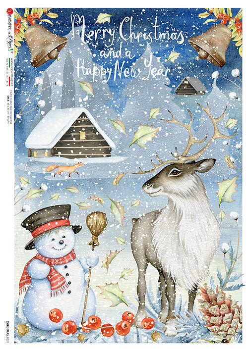 Snowman and Dear Christmas card European Paper Designs Italy Rice Paper is of exquisite Quality for Decoupage art