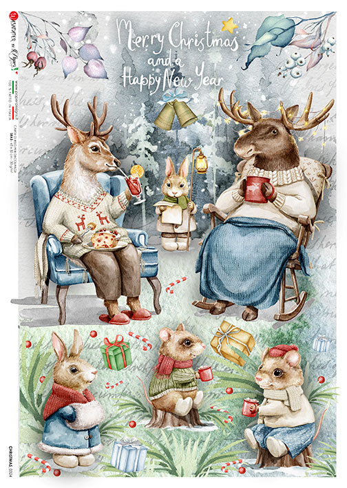 forest animals having Christmas tea European Paper Designs Italy Rice Paper is of exquisite Quality for Decoupage art