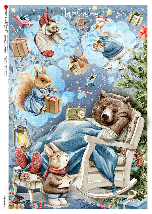 Hibernating bear dreaming of Christmas surprises with rabbits squirrel duck and cat European Paper Designs Italy Rice Paper is of exquisite Quality for Decoupage art 