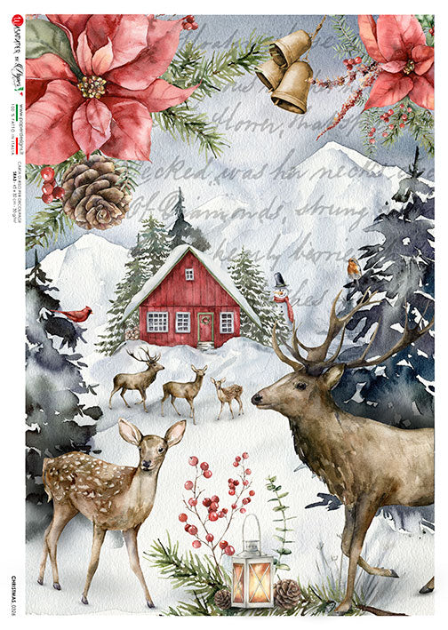 Dear and antelope in the snow around red barn for Christmas European Paper Designs Italy Rice Paper is of exquisite Quality for Decoupage art