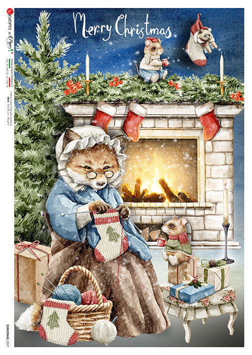The big bad wolf dressed as grandma by fire place with Christmas decorations European Paper Designs Italy Rice Paper is of exquisite Quality for Decoupage art
