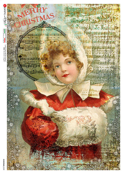 young Victorian girl in Christmas coat in front of sheet music European Paper Designs Italy Rice Paper is of exquisite Quality for Decoupage art