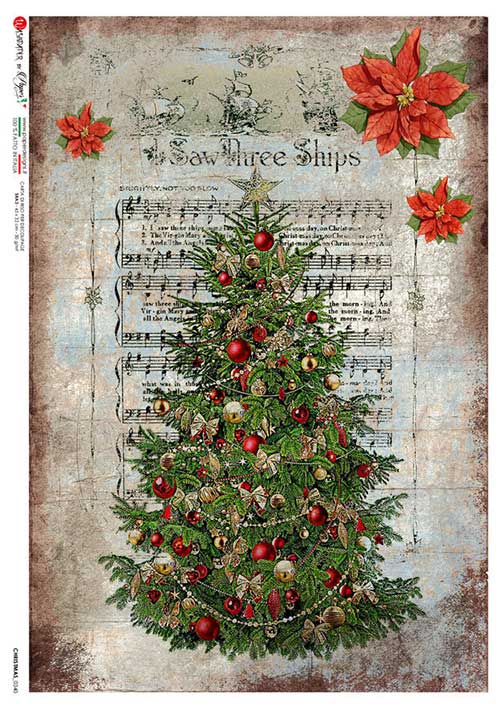 Green Christmas Tree in front of Saw Three Ships sheet music European Paper Designs Italy Rice Paper is of exquisite Quality for Decoupage art