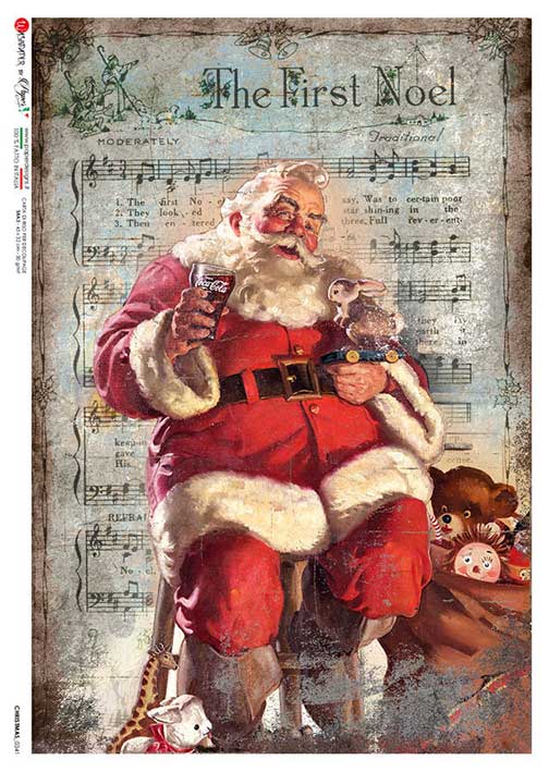 santa holding a cocoa cola in front of First Noel Sheet music European Paper Designs Italy Rice Paper is of exquisite Quality for Decoupage art
