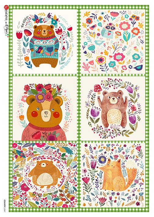 This Bears in Flowers A5 Rice Paper is of Exquisite Quality for Decoupage crafts. Thin yet durable. Imported from Europe. Beautiful colors, great patterns