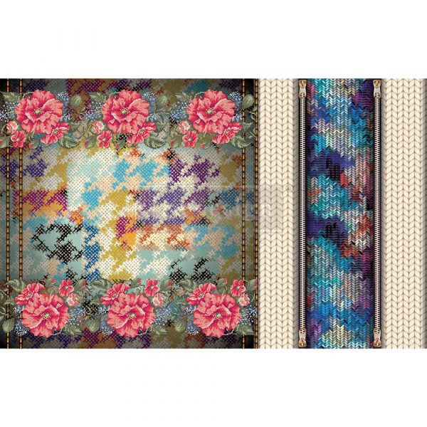Pink floral on teal multicolor cross stitch background-ReDesign with Prima Décor Tissue Paper for Decoupage