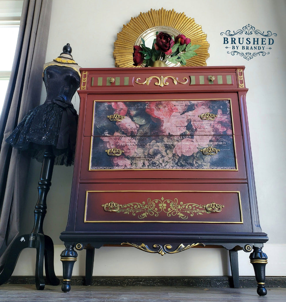 Dark and light pink flowers on black background. Lace border. ReDesign with Prima Décor Tissue Paper for Decoupage