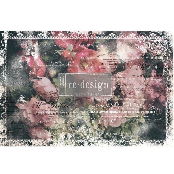 Dark and light pink flowers on black background. Lace border. ReDesign with Prima Décor Tissue Paper for Decoupage