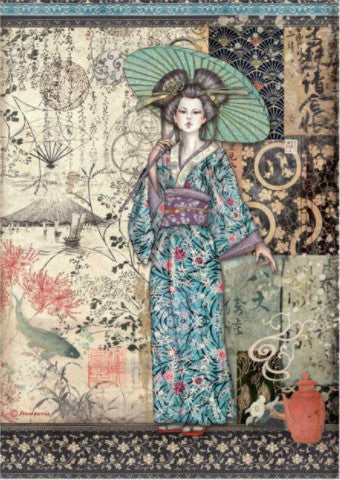 Beautiful Japan Lady Sir Vagabond Stamperia A4 Rice Papers are of Exquisite Quality for Decoupage crafts. Thin yet durable. Imported from Europe. Beautiful colors, great patterns, exceptional strength. Decorative fibers and ink colors