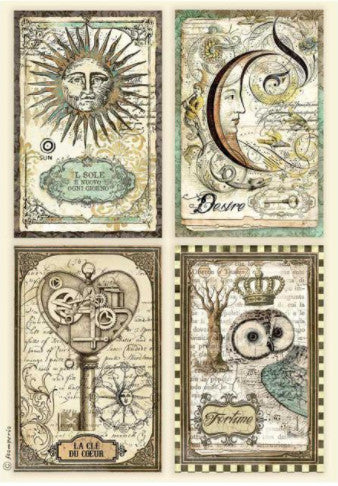 Beautiful 4 Cards Alchemy Stamperia A4 Rice Papers are of Exquisite Quality for Decoupage crafts. Thin yet durable. Imported from Europe. Beautiful colors, great patterns, exceptional strength. Decorative fibers and ink colors