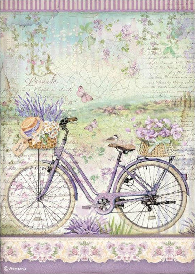 Stamperia Provence Bicycle  A4 Rice Papers are of Exquisite Quality for Decoupage Art. Vibrant colorful patterns. Thin yet durable. Imported from Europe. Ideal for Scrapbooking, Mixed Media