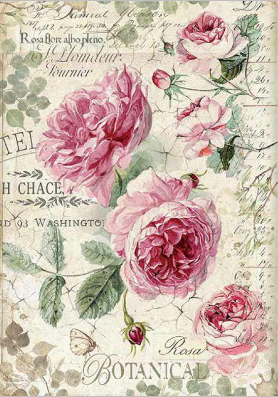 European made large pink Botanic English Roses Stamperia A4 Rice Papers are of Exquisite Quality for Decoupage Art.