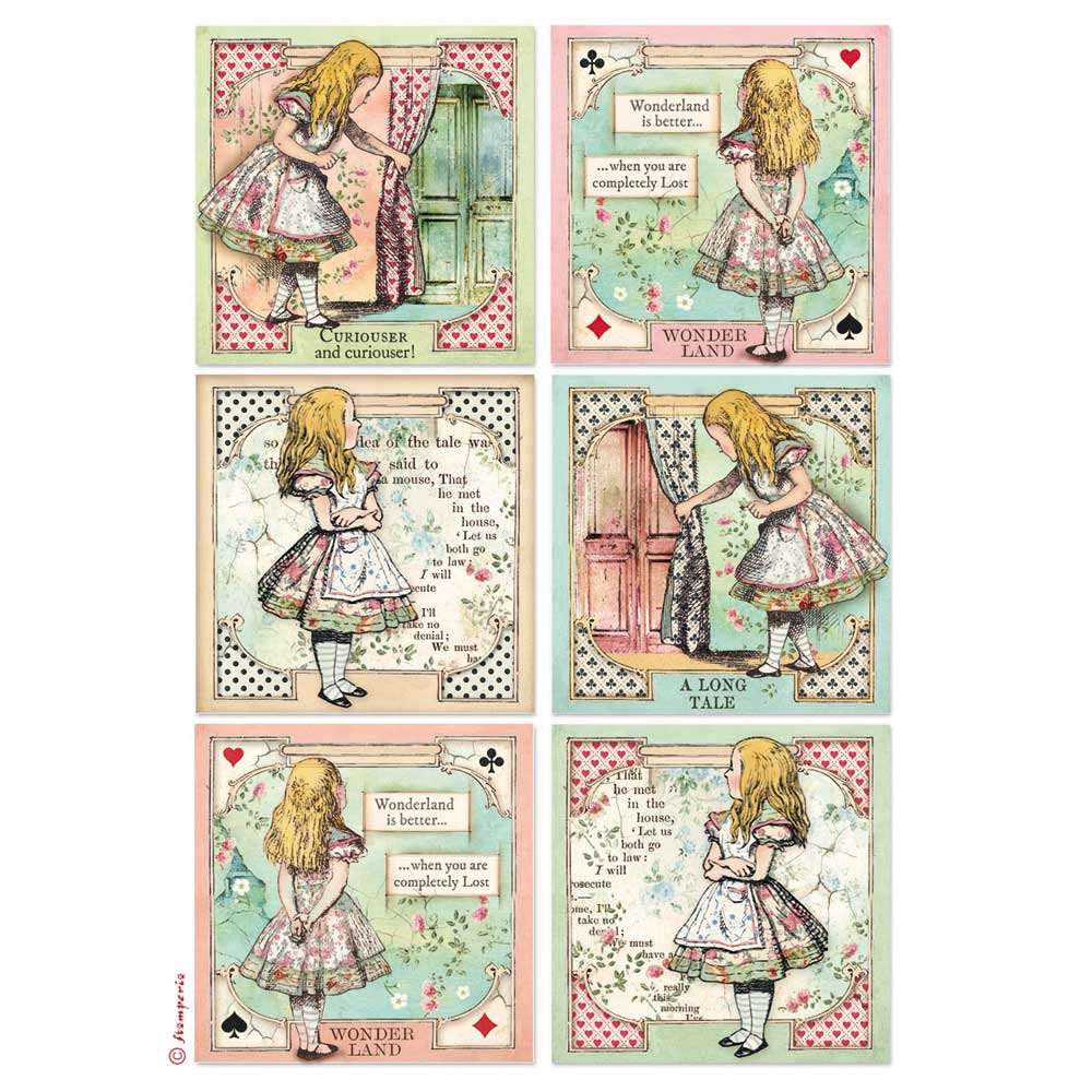 Stamperia Alice in Wonderland A4 Rice Papers are of Exquisite Quality for Decoupage crafts. Thin yet durable. Imported from Europe. Beautiful colors, great patterns. Ideal for Scrapbooking