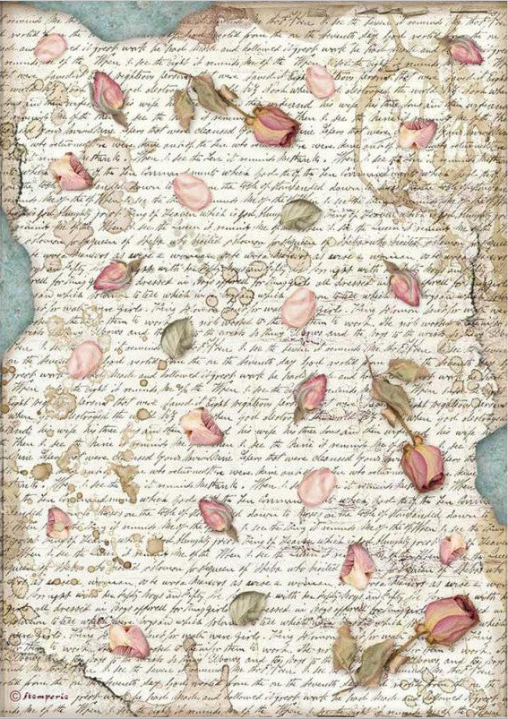 European made Passion Petals Stamperia A4 Rice Papers are of Exquisite Quality for Decoupage Art. Depicts pink rose petals on a background of vintage script.