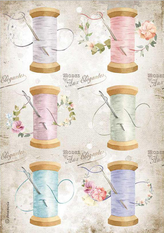 European made Needle & Thread Stamperia A4 Rice Papers are of Exquisite Quality for Decoupage Art. Depicts flowers and spools of pink, green, lavender sewing thread and needles.